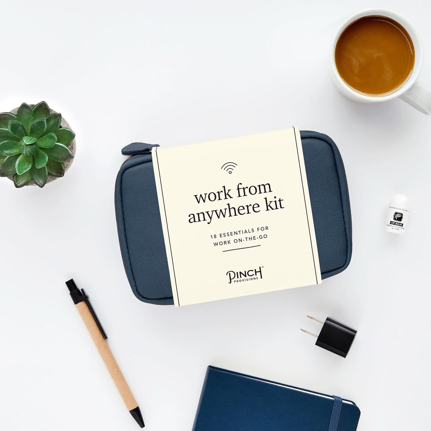 Pinch Provisions Work from Anywhere Kit, Includes 18 Essentials to Help You Stay on Task, Must-Have Essentials, Compact Multi-Functional Vegan Leather Pouch, Navy