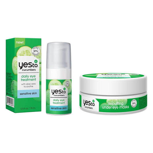 Yes To Cucumber Eye Treatment Bundle, Soothing Daily Treatment To Calm, Soothe & De-Puff Under Eyes, With Caffeine, Natural & Cruelty Free, 8ct Under Eye Masks & 0.5 Fl Oz Daily Eye Treatment