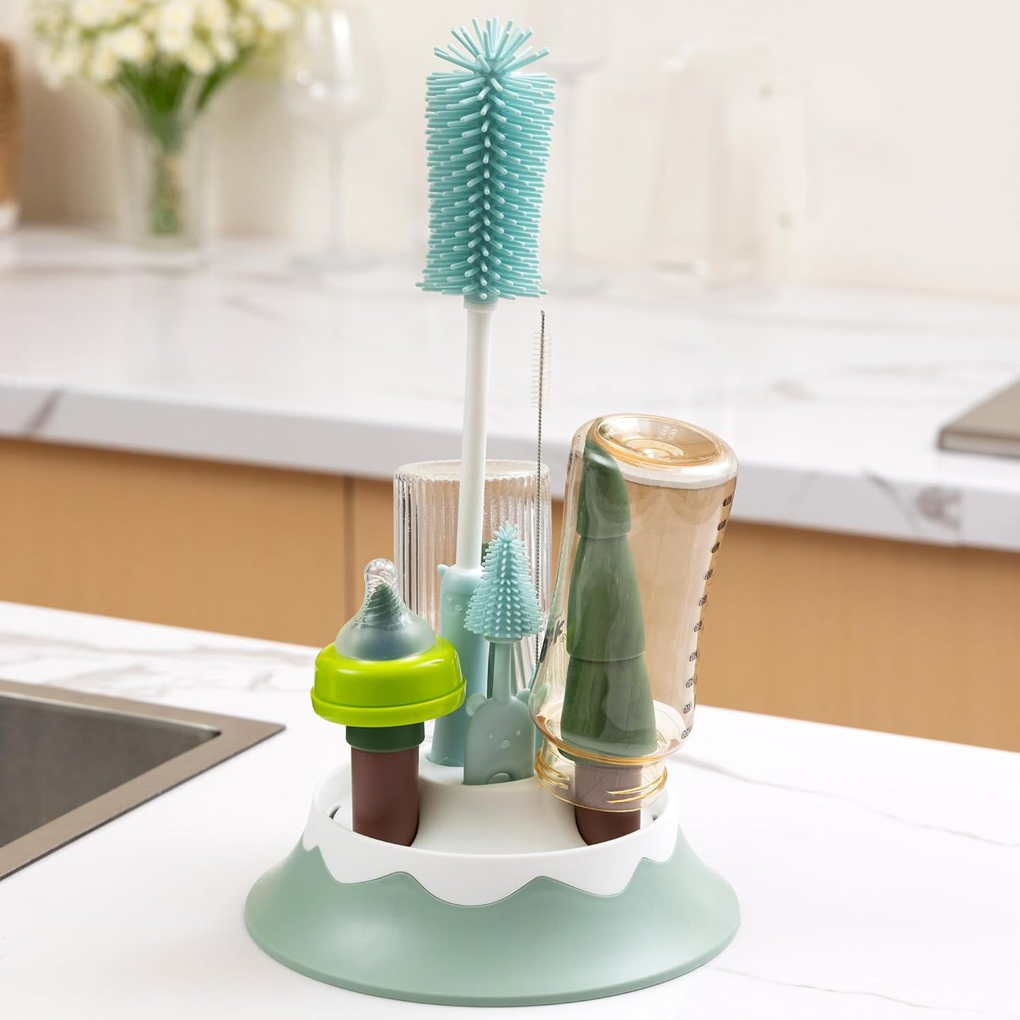 Baby Bottle Drying Rack and Cleaning Set, with Straight Silicone Baby Bottle Brush, Pacifier Brush, Straw Brush, Cup Lid Cleaning Brush, 2025 Xmas Holiday Surprise Gift for Newmom, Z Pink