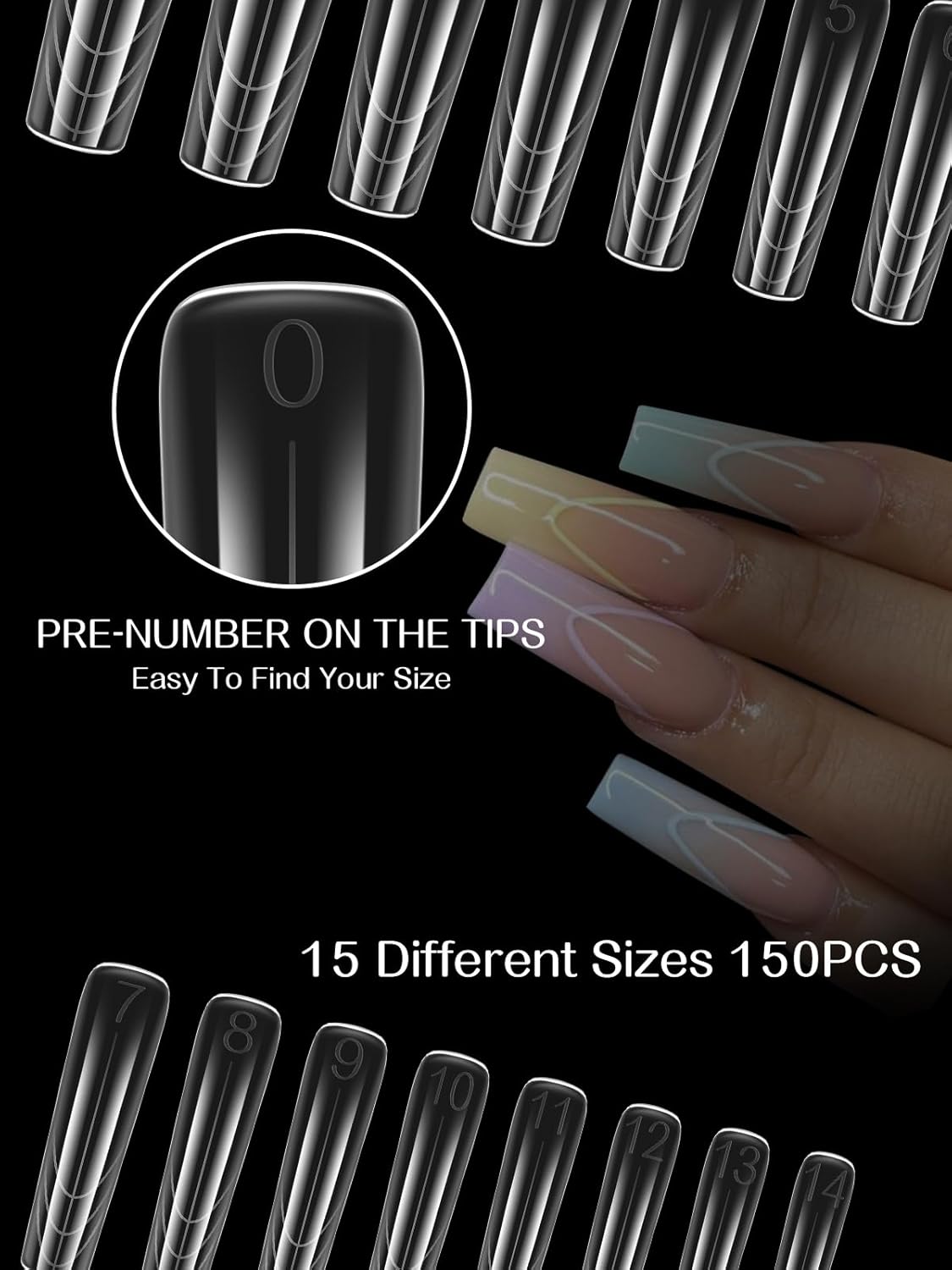 TOROKOM Poly Extension Gel Dual Nail Forms 150Pcs Coffin Clear Nail Forms Full Cover Coffin Nail Molds 15 Sizes for Gel Manicure Nail Art Design Salon&DIY