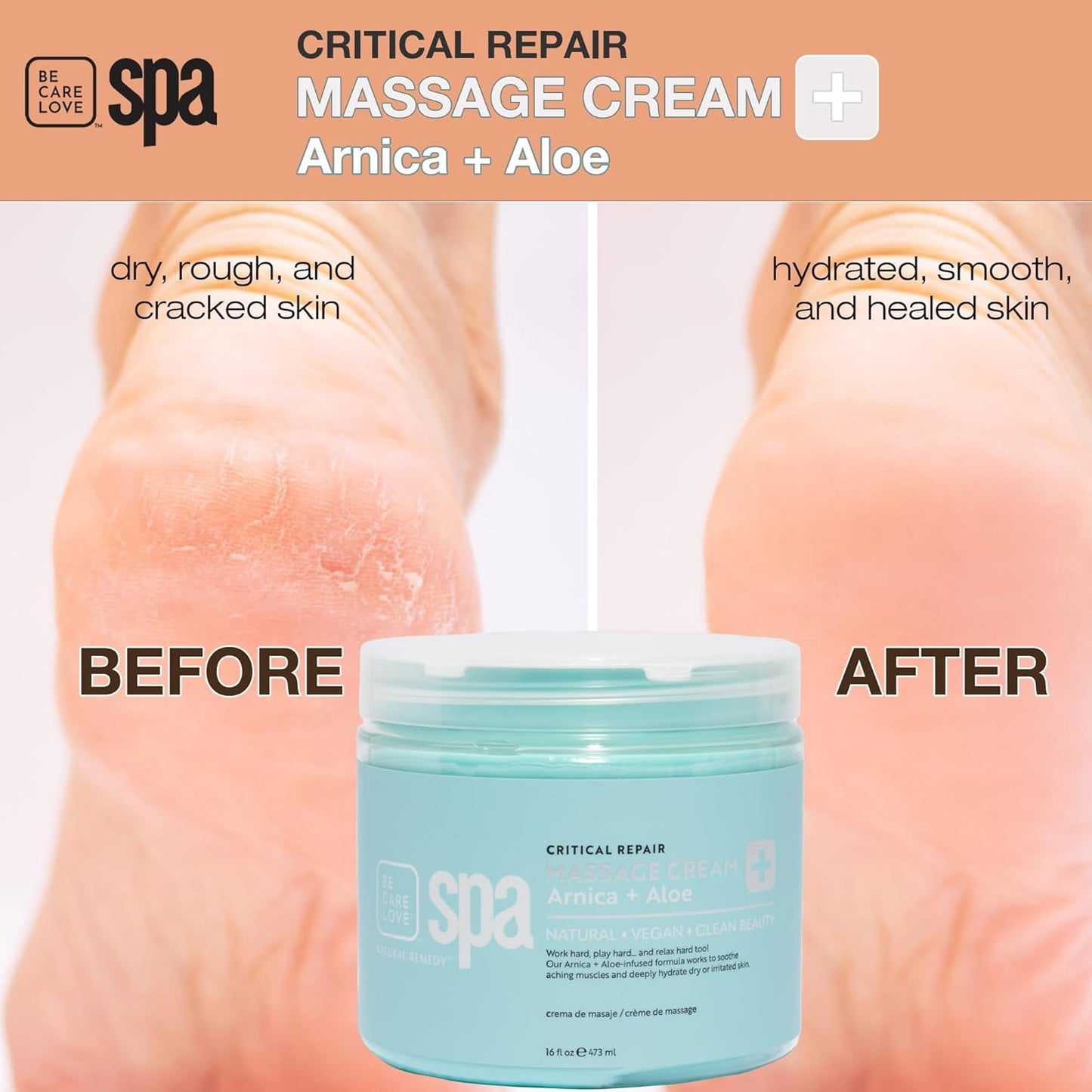 Be Care Love Spa Critical Repair Massage Cream with Organic Arnica and Organic Aloe Natural Vegan Clean Beauty Made in USA 16 fl oz
