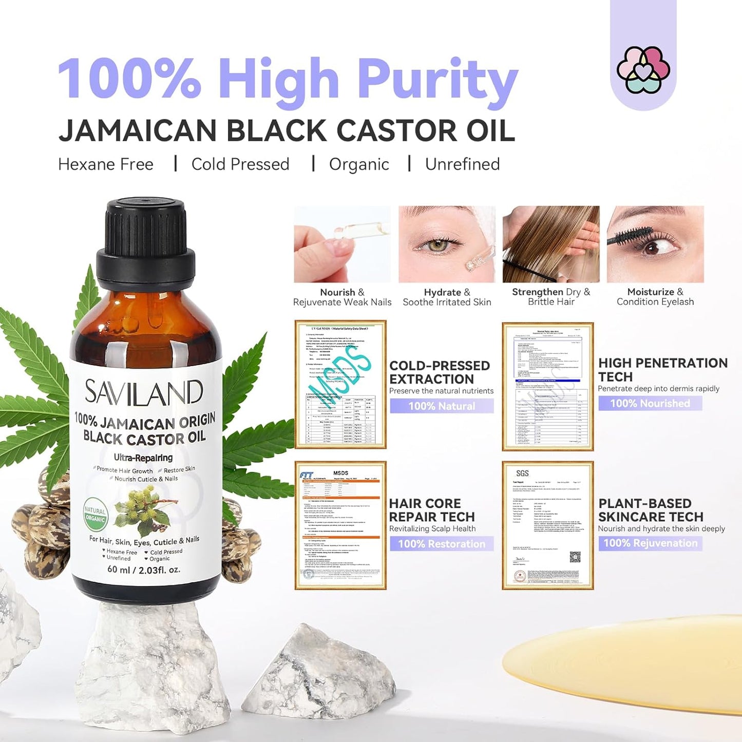 SAVILAND Jamaican Black Castor Oil Organic Cold Pressed Unrefined: 100% Pure and Natural Castor Oil for Hair Growth Eyebrows Face Skin Care Cuticle Nourish Massager Tools Home Care 60ML
