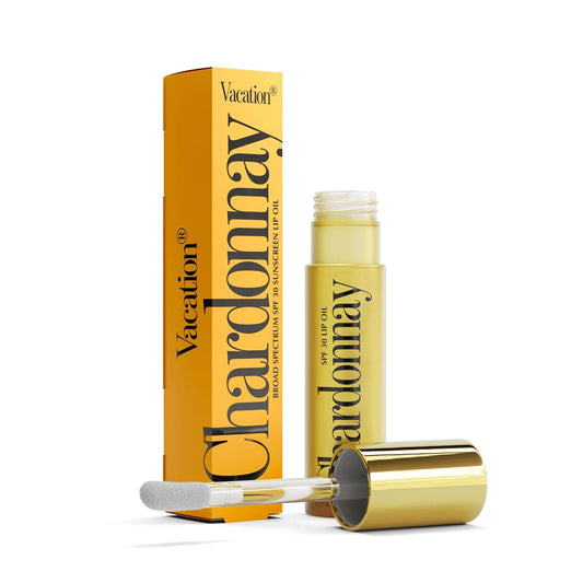 Vacation Chardonnay Lip Oil SPF 30, Sunscreen for Lips, Hydrating Lip Oil, Caramel Vanilla Flavored Lip Gloss, Clear Plumper, Non-Sticky Lip Balm with SPF 30, Vegan, 0.2 Fl. Oz.
