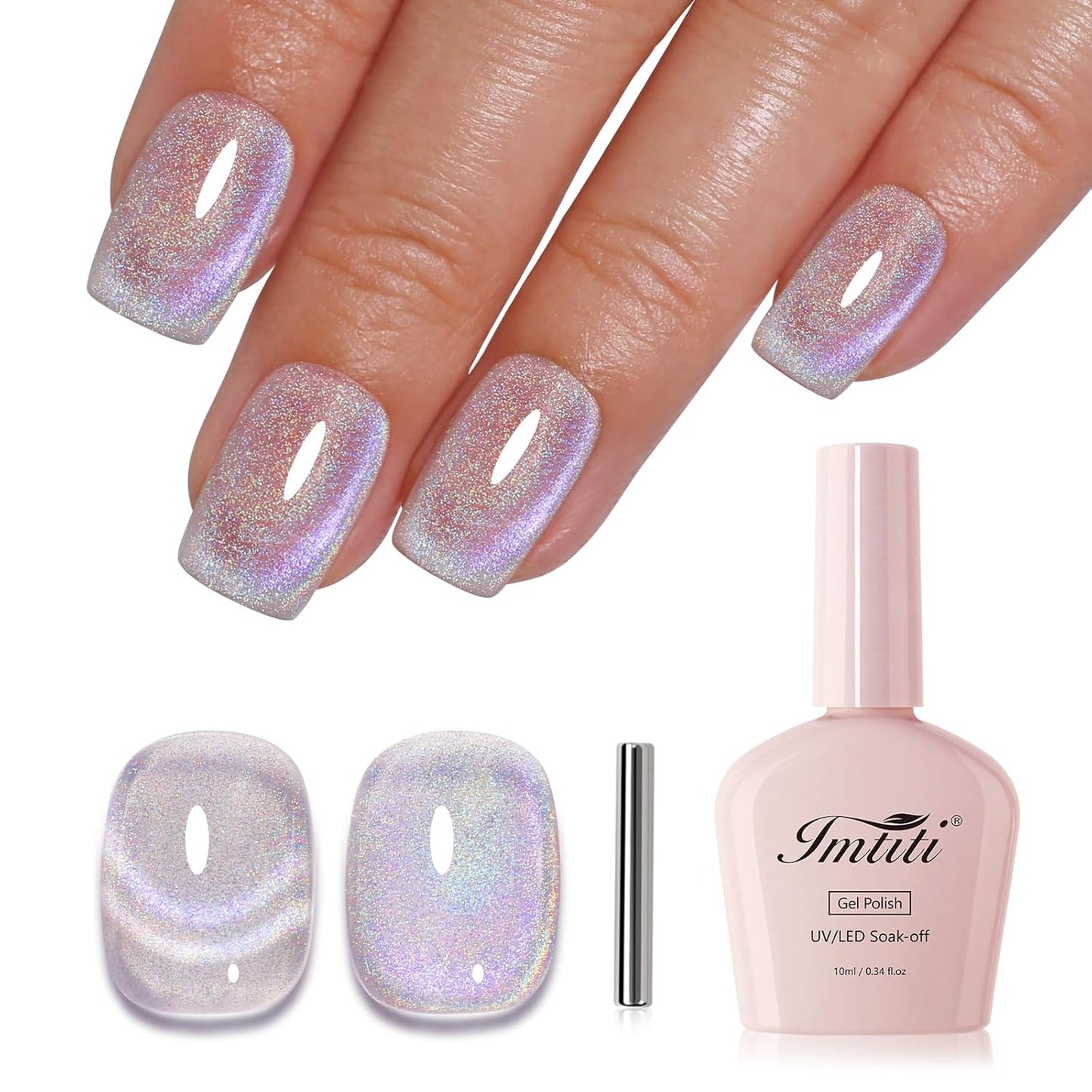 Imtiti Cat Eye Gel Nail Polish, Rainbow Holographic Magnetic Nail Gel Polish With Magnet Glittery Iridescent Galaxy Spring Summer Kit Soak Off UV Led 10ML