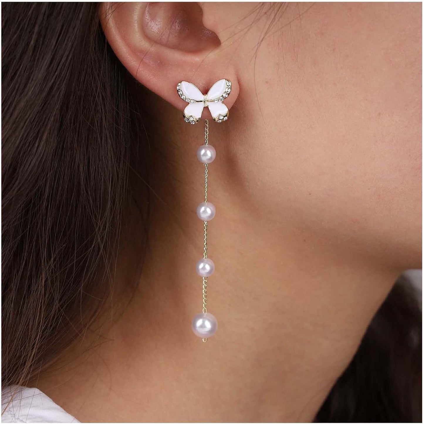 Vintage Butterfly Pearl Drop Earrings Gold Pearl Chain Earrings Long Pearl Tassel Earrings White Butterfly Stud Earrings Wedding Pearl Earrings Jewelry for Women