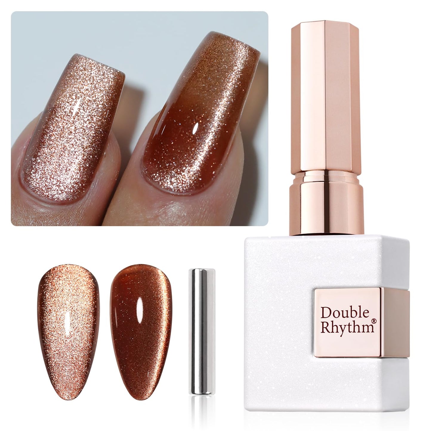 Double Rhythm Jelly Glass Cat Eye Gel Polish with Magnet 15ML Holographic Glitter Shimmer Translucent Sheer Color Magnetic Nail Polish Salon DIY at Home (Brown-MC1048)