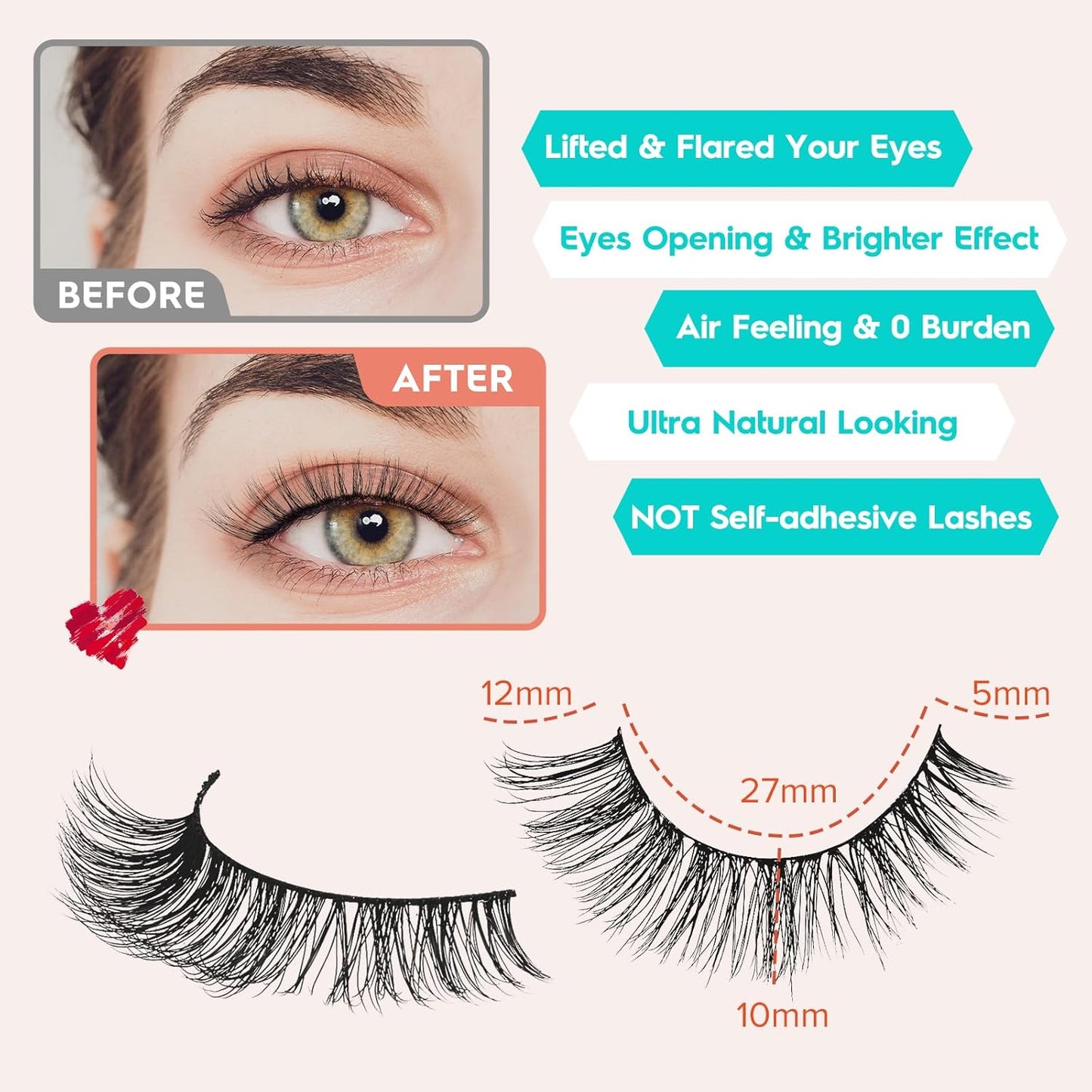 Lashes Wispy False Eyelashes Cat Eye Lashes Natural Look 3D Volume Fake Eyelashes Thin Band Lashes 12mm Natural Eye Lashes C Curl Siligli Lashes Pack 10 Pair