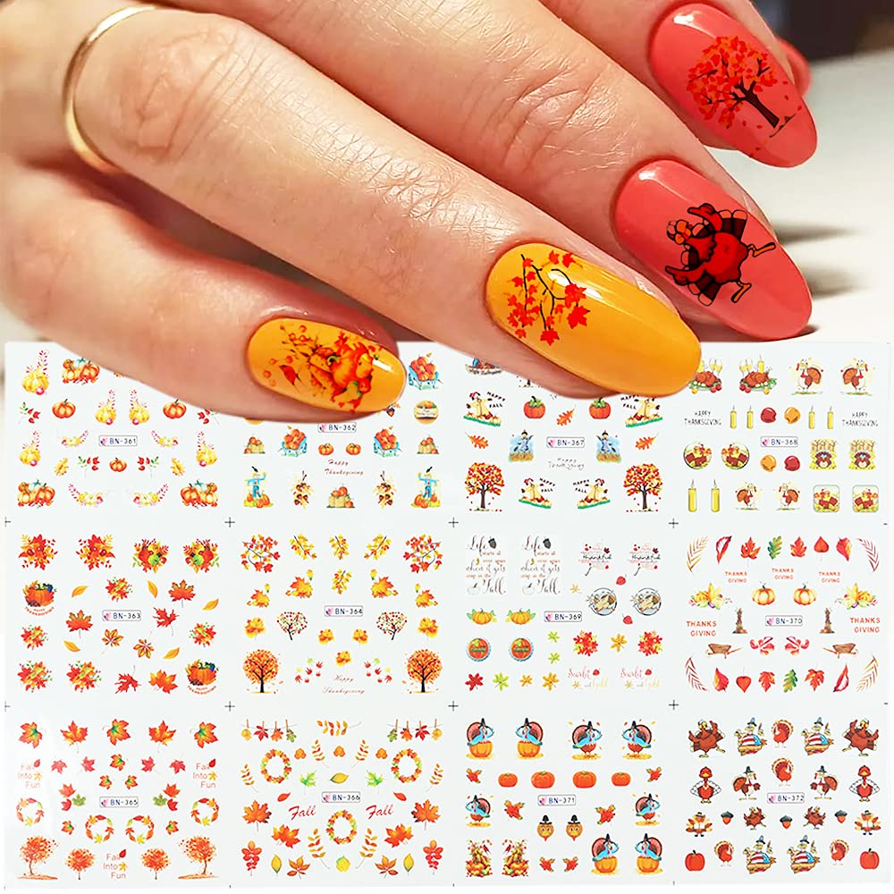 Fall Nail Art Stickers Thanksgiving Nail Decals 24 Sheets Maple Leaves Pumpkin Water Transfer Maple Leaf Turkey Pumpkin Animal Nail Design Sticker for Women Girls Fingernail Tattoos Decoration