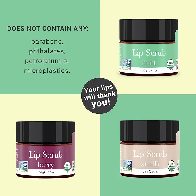 Organic Lip Scrub Mint - USA Made Exfoliating Lip Scrub with Natural & Organic Ingredients, Moisturizing Lip Exfoliator Scrub for Dry Lips, Lip Scrubber Exfoliator & Sugar Scrub for Smooth Lips