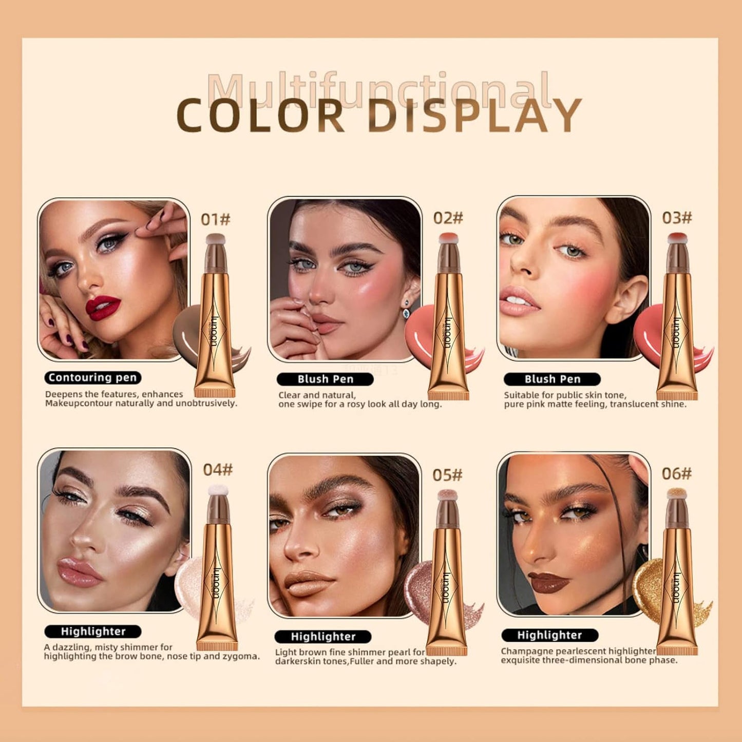 2 Pack Contour Beauty Wand, Highlighter ，Face Concealer Contouring with Cushion Applicator Long Lasting & Smooth Matte Finish Liquid Illuminator Makeup Stick (05 Bronze Gold#06 Rose Gold)