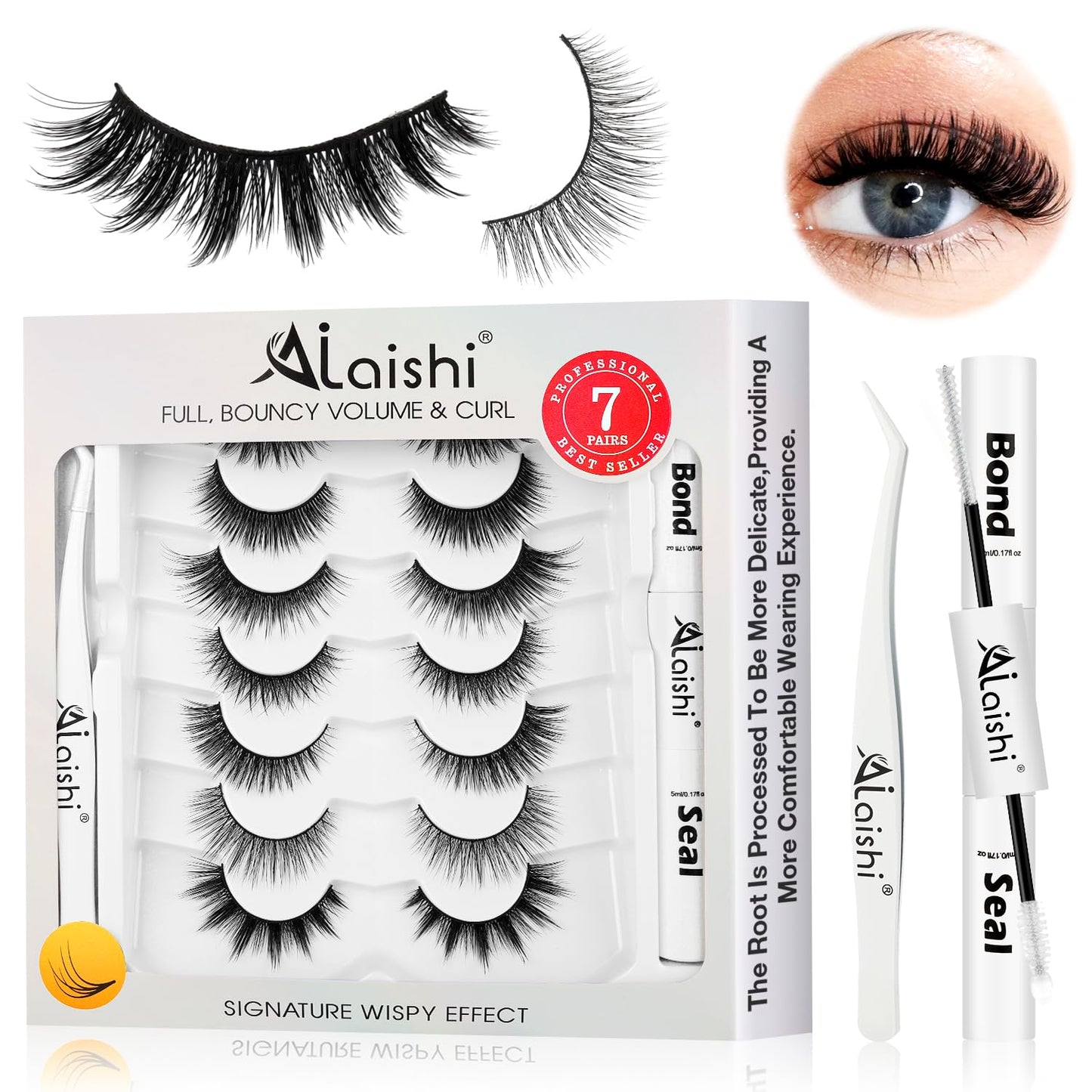 Wispy False Eyelashes Kit With Bond, Seal and Tweezer, 7 Pairs Natural Look Fake Cat Eye Lashes Strips Thin Band Extensions Waterproof Easy Eyelashes for Beginners RQ7Variety Mix