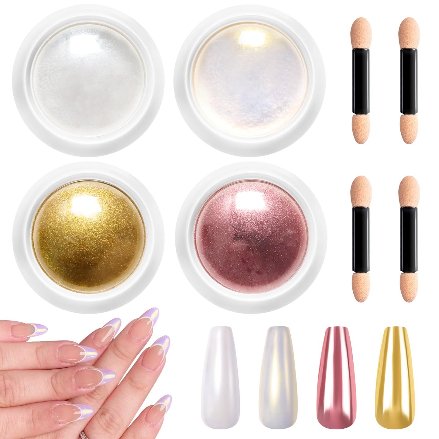 Gold Chrome Nail Powder BISHENGYF -【Magic Mirror Effect】 Pearl Chrome Nail Powder Aurora Mermaid Iridescent White Roas Gold Nail Chrome Powder Pigment Glitter Dust for Manicure Decroation DIY