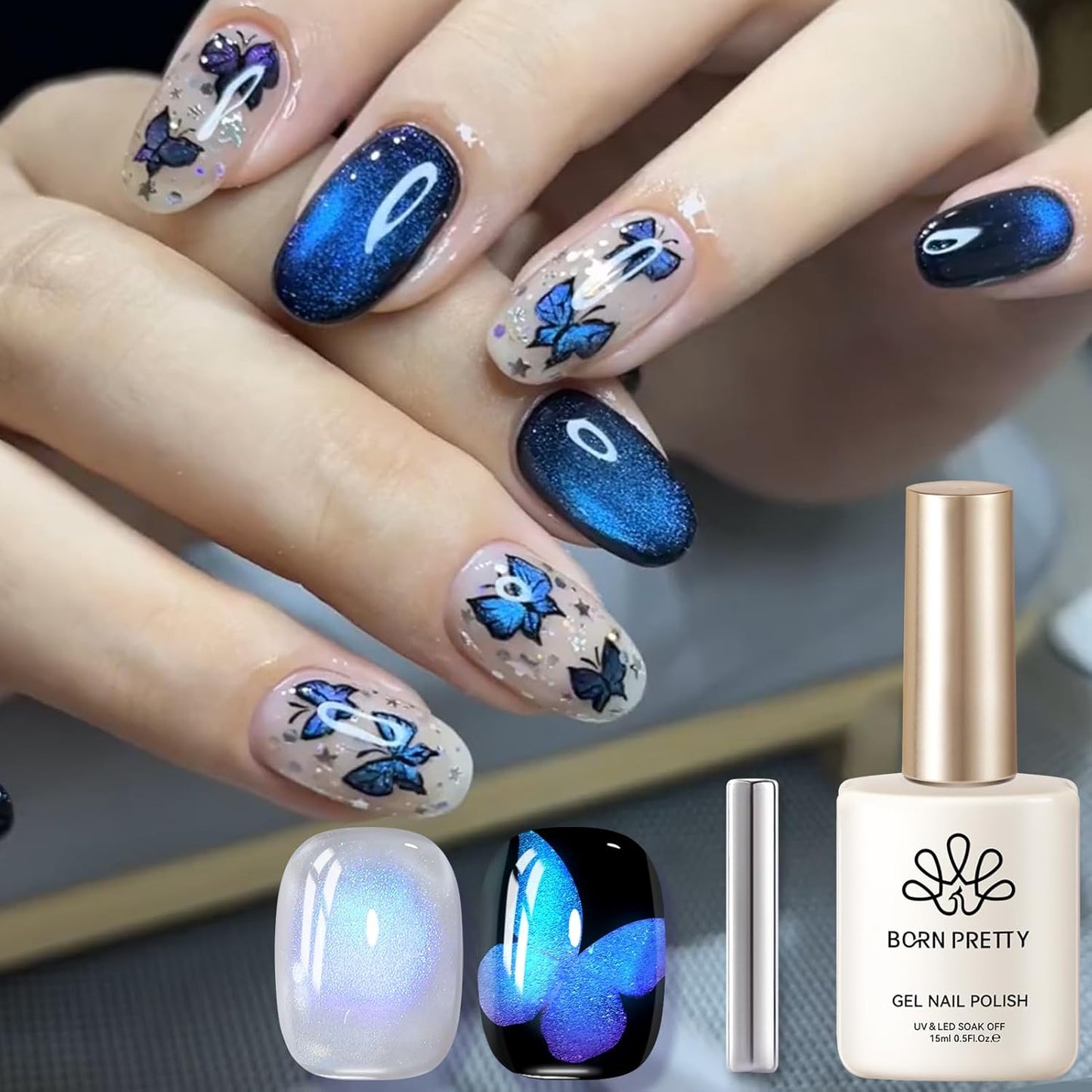 BORN PRETTY Cat Magnetic Eye Gel Nail Polish,Blue Tears Magnetic Gel Polish Passion Fruit Cat Magnetic Eye Gel Manicure Nail Art DIY 15ml
