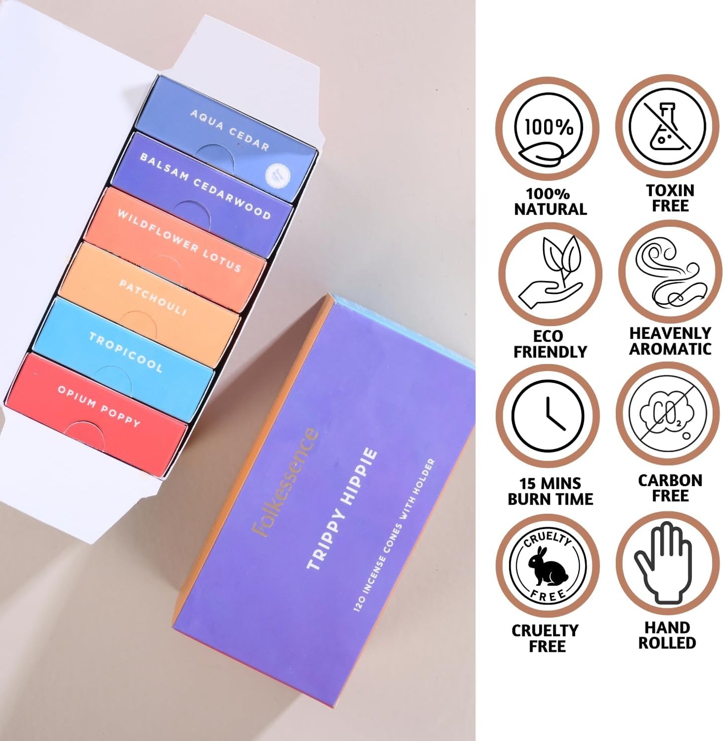 Folkulture Incense Cones Scented | Set of 6 Fragrances (120 Cones) with Incense Cones Holder | Opium Poppy Patchouli Incenses | Mango Pineapple, Balsam Cedarwood | Organic Variety Pack Inscents