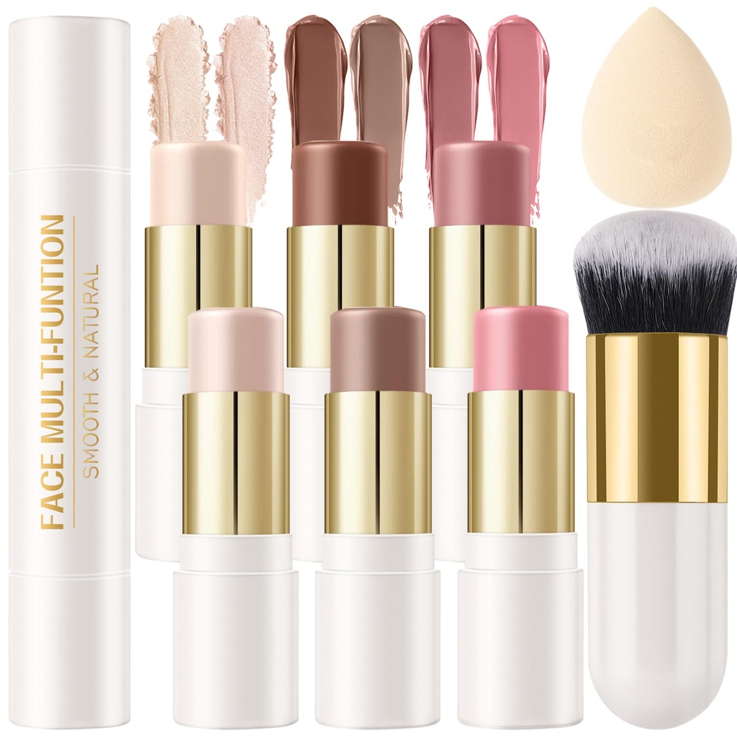 6 Colors Cream Contour Stick Makeup Kit, Shades with Highlighter Stick, Blush Stick and Double-End Bronzer Stick for Sculpt the Cheeks, Waterproof,Dewy & Matte Finish for Beginners (6 COLORS SET A)