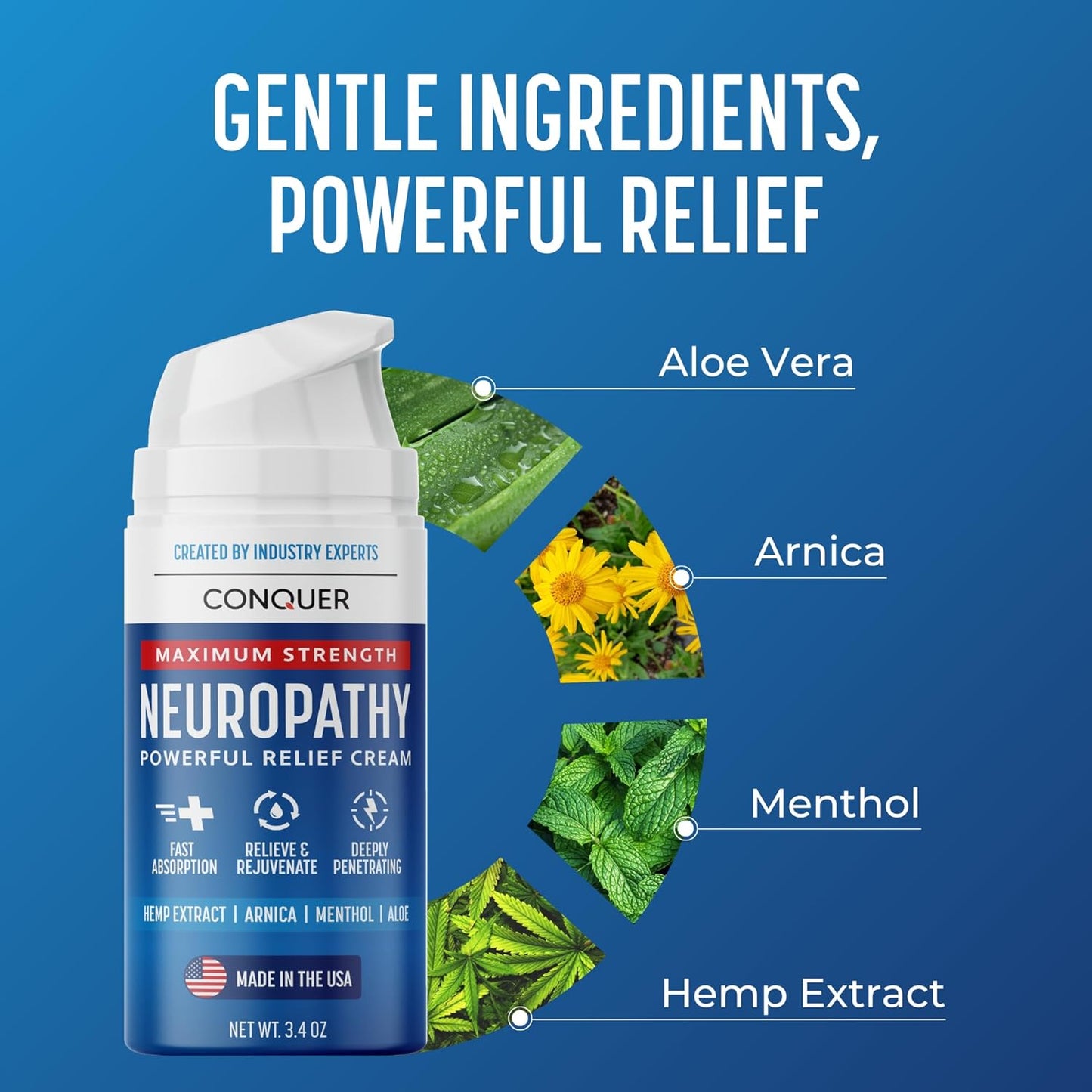 Conquer Neuropathy Cream - Powerful Relief Foot Cream for Neuropathy with Natural Arnica, Aloe Vera, Hemp Extract, Menthol - Maximum Strength Cooling & Soothing - 3.4oz Large Size (Pack of 2)