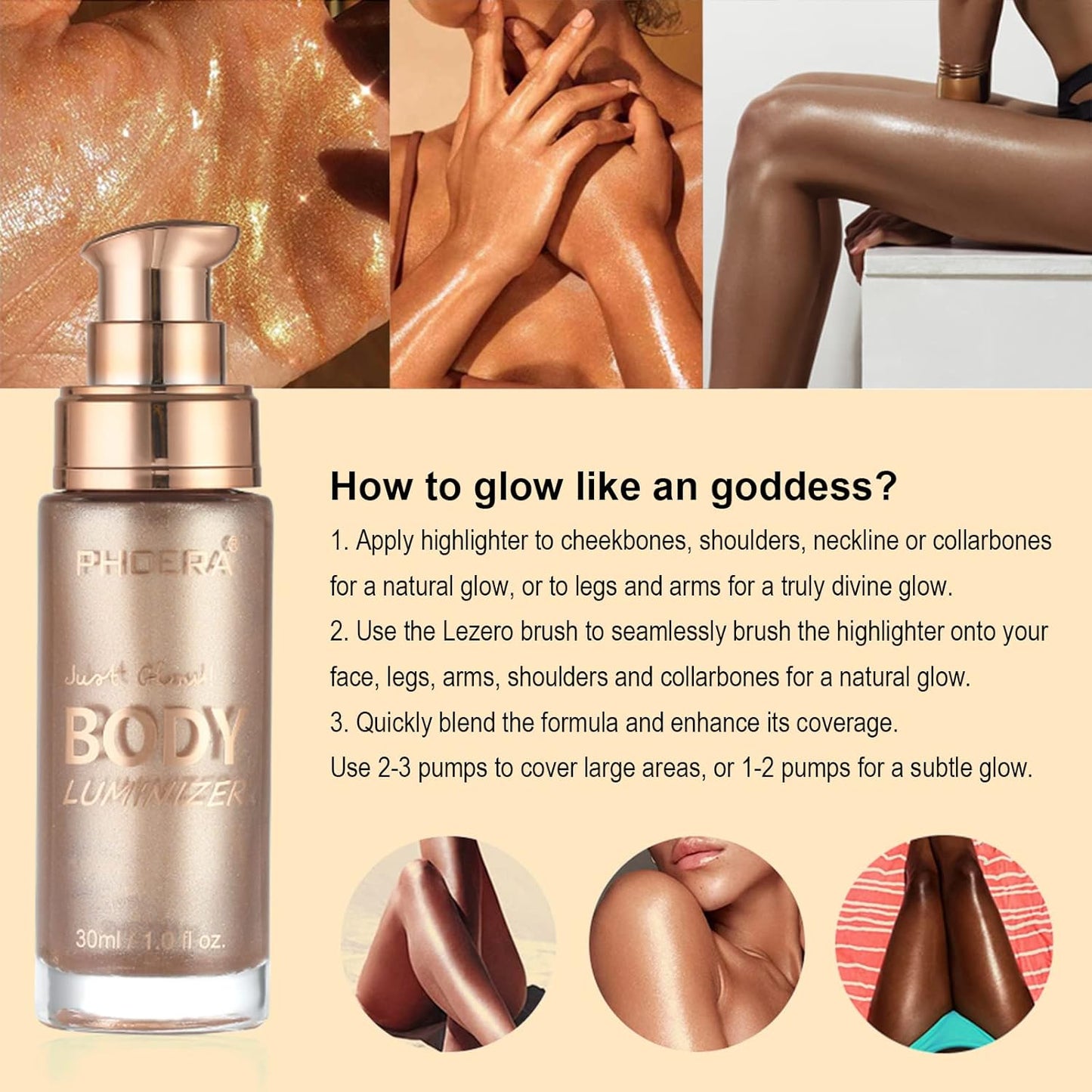 Body Shimmer Oil, Rose Gold Natural Glow Luminizer, Long Lasting Waterproof Moisturizing Liquid Illuminator Highlighter Makeup for a Sun-Kissed Glow, Brush Include, 1oz, Light Medium