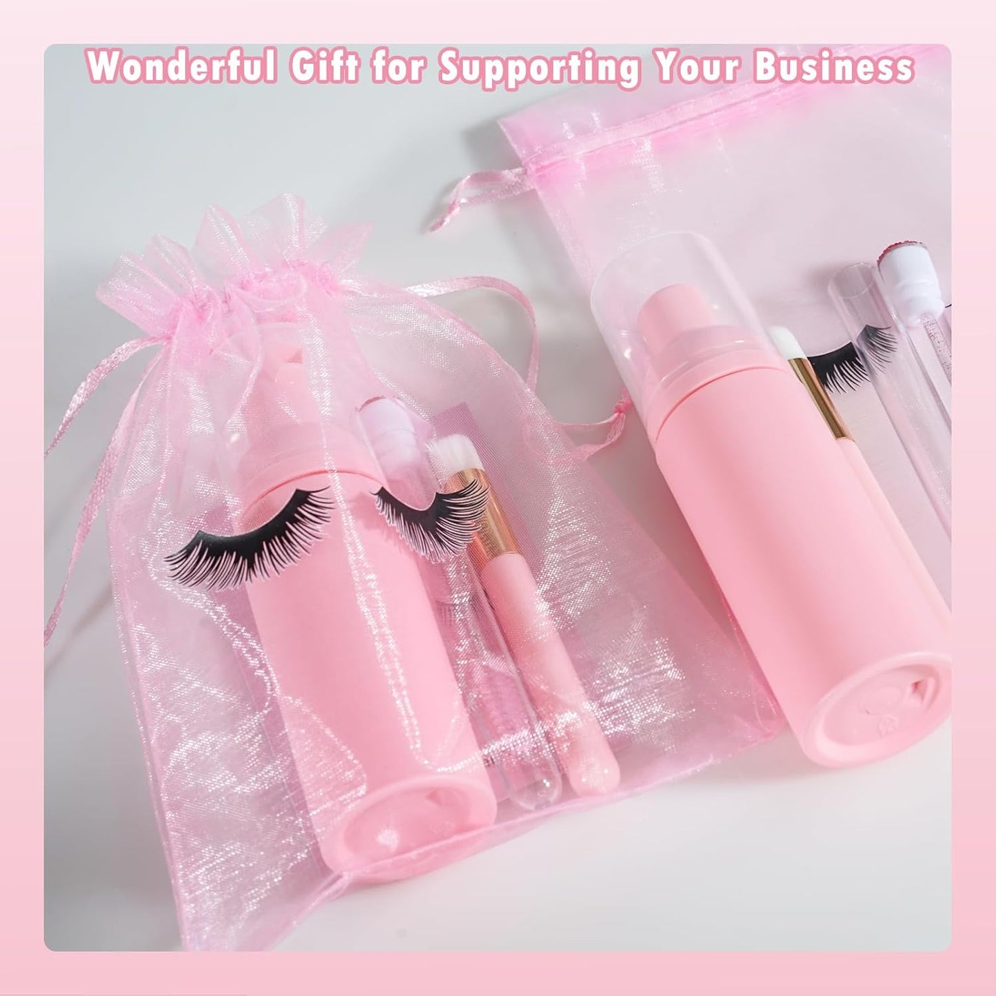 50PCS Lash Shampoo Bottles Brushes Set, Empty Lash Shampoo Bottle, Lash Cleaning Brush, Eyelash Extension Tube Brush, Instructions Cards, Aftercare Bags for Lash Business Clients (50pcs in pink)