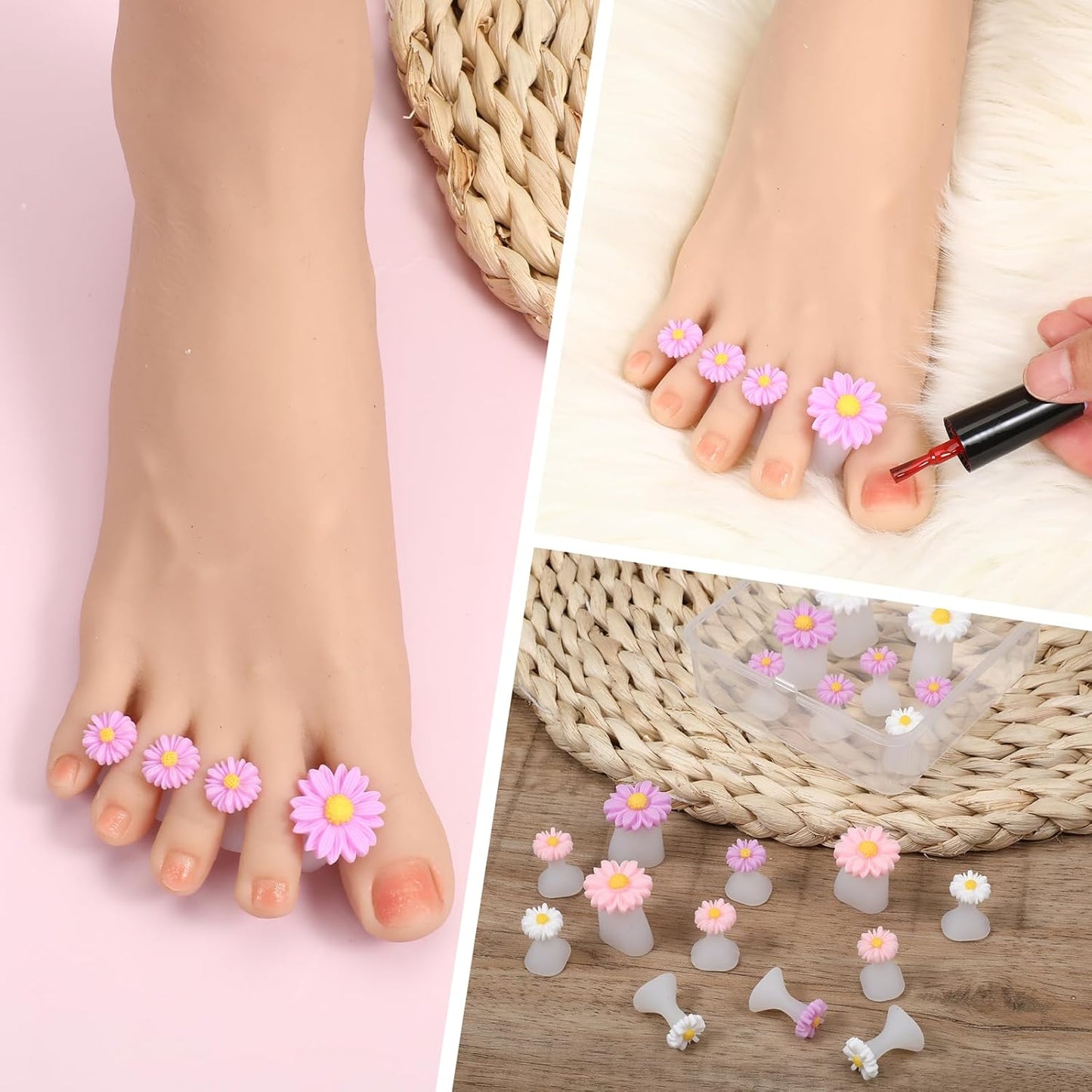 24 PCS Daisy Silicone Toe Separators Flower Toes Spacers Pedicures Silicone Toe Nail Separator Pedicure Toes Dividers for Women Pedicure Nails Salon Foot Spacers Nail Art Tools (Pink, Purple, White)