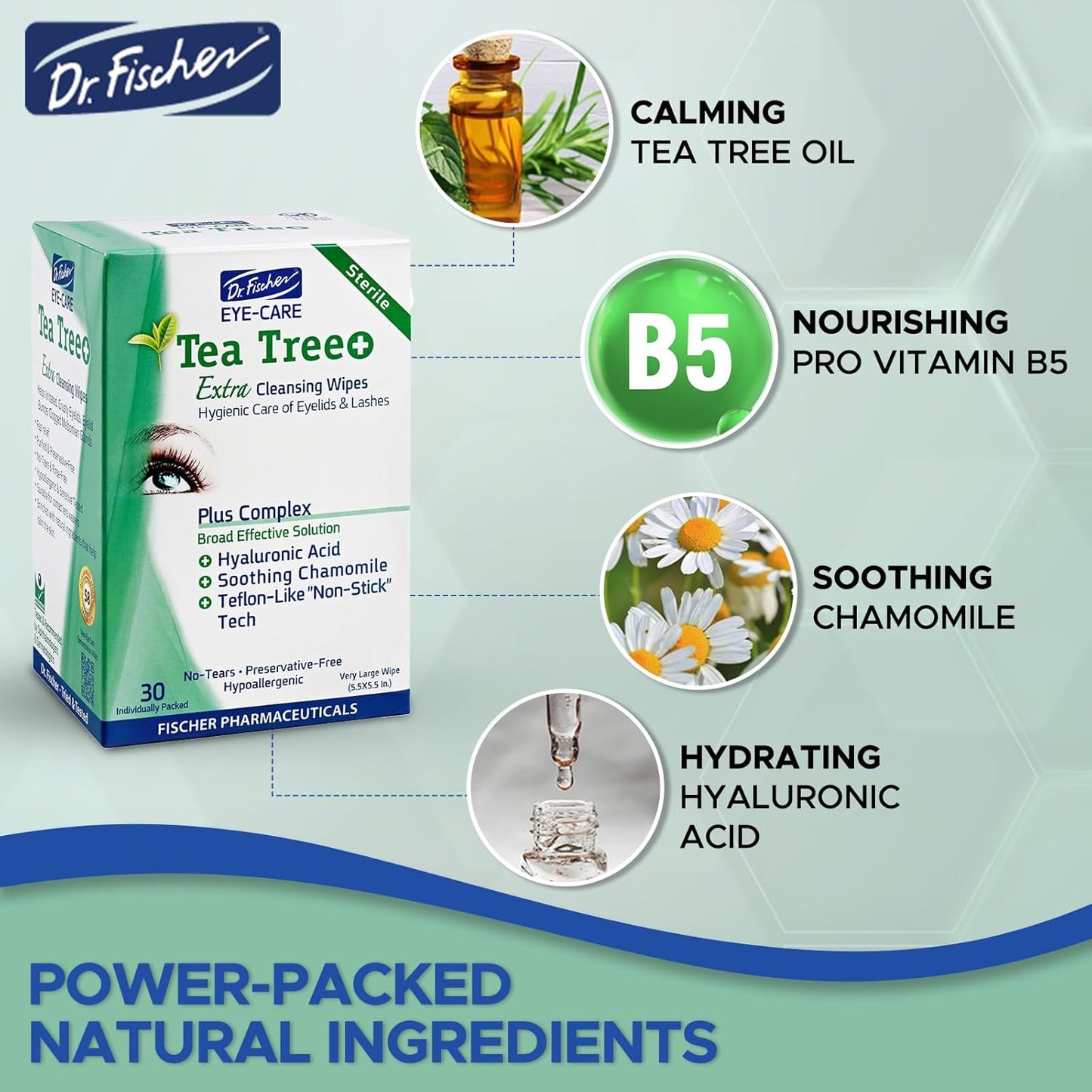 Dr. Fischer Tea Tree Oil Eye Wipes - Eyelid Wipes for Sensitive Eyes with Hyaluronic Acid and Chamomile, Makeup Remover, Daily Cleanser (30 wipes)