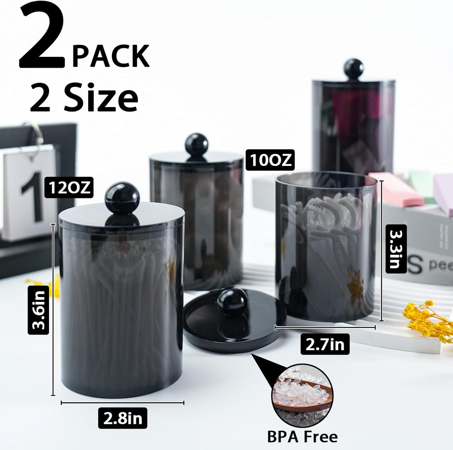 2 Pack Qtip Holder,Canister Apothecary Jar Set, Bathroom Jars with Lids Set for Cotton Swabs, Balls, Pads, Floss Picks,10oz-12oz Plastic Canisters Restroom Bedroom Vanity Organizer(Black)
