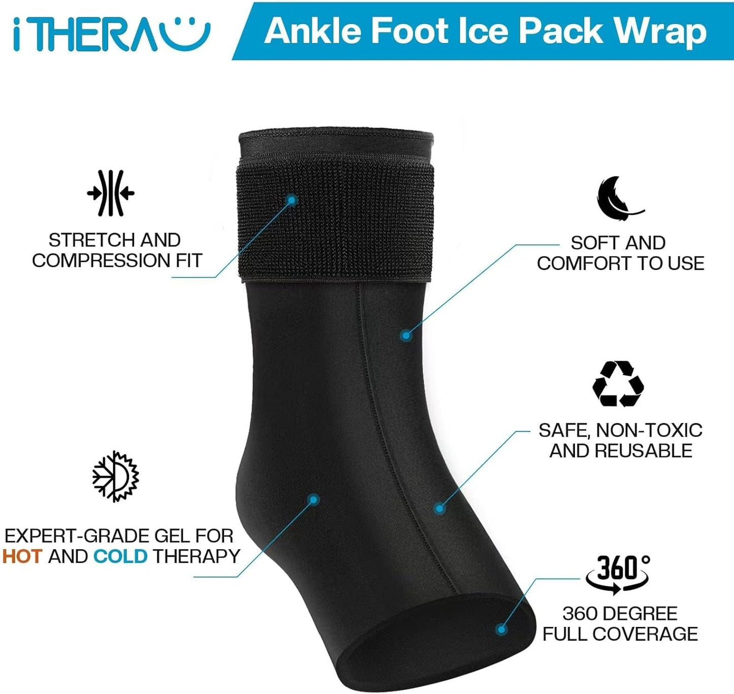 iTHERAU Ankle Ice Pack Wrap, Reusable Gel Hot & Cold Therapy for Foot & Heel Injuries | Achilles Tendonitis, Plantar Fasciitis, Swelling, Sprained, Pain Relief
