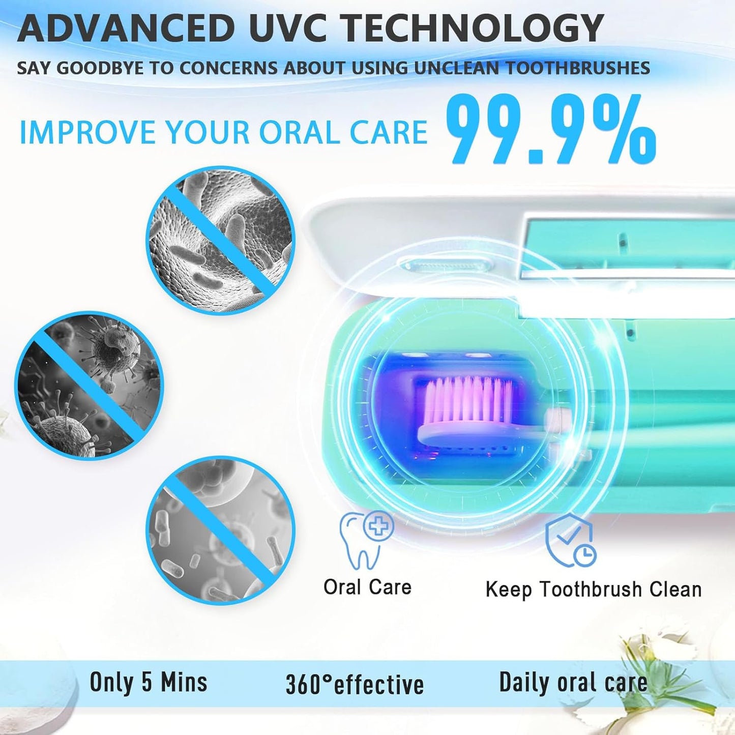 UV-C Toothbrush Sanitizer Case for Travel, Portable Sanitizer and Holder Universal Fits Electric and Manual Brush Heads, Smart Automatic Operation