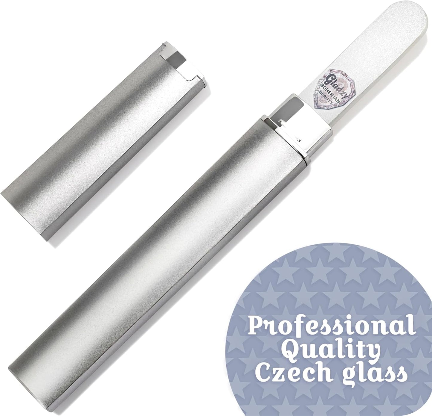 GLADZY Czech Glass Nail File with Case – Double Sided Crystal Nail File for Natural Nails, Dual Grit Coarse & Smooth Sides, Etched Bohemian Glass Manicure Tool, Professional Care, Ethically Made in EU