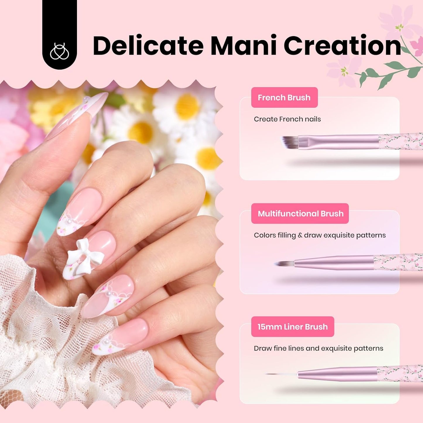 Beetles Gel Polish Nail Art Brushes Set - 6 Pcs Fingernail Art Design Pen, Floral Pattern Handle, Gradient Bristles Nail Brush Set DIY with Palette Dotting Manicure Tool Kit