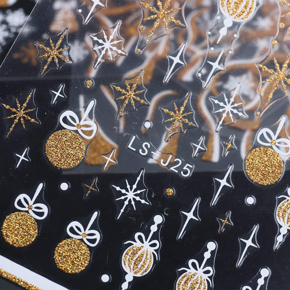 8 Sheets Christmas Glitter Nail Art Stickers Decals Self-Adhesive Pegatinas Uñas Holiday Gold Silver Reindeer Line Snowflake Nail Supplies Nail Art Design Decoration Accessories