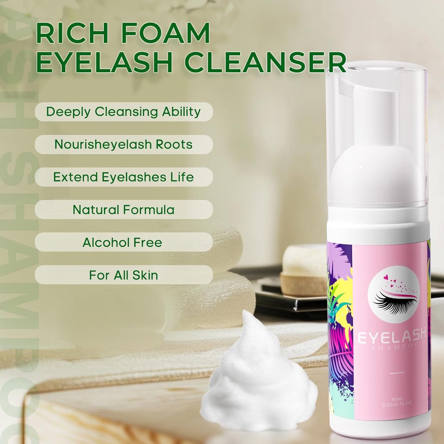 Buqikma Lash Shampoo Kit - Eyelash Extension Cleanser for Extensions 60ML with Rechargeable Handheld Lash Fan Dryer Mascara Brush Rinse Bottle Makeup Cleansing Foam for Lash Care