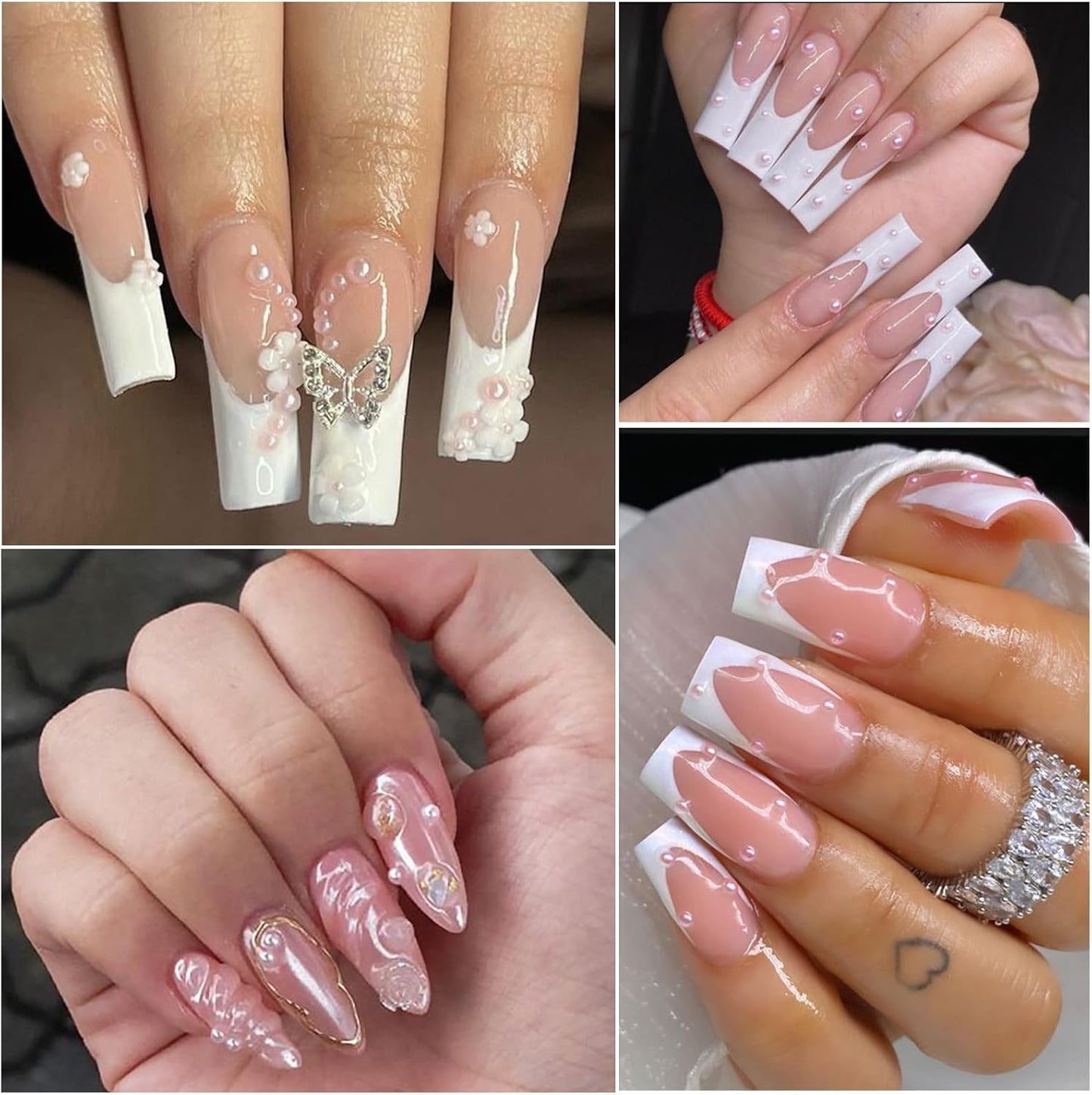 Nail Art Pearls with Rhinestones Glue Gel Flatback Pearls Nail Charms Luxurious Nails Supplies Accessories Gold Silver Gems Jewelry Pearl for Women Nails Design(Pink)