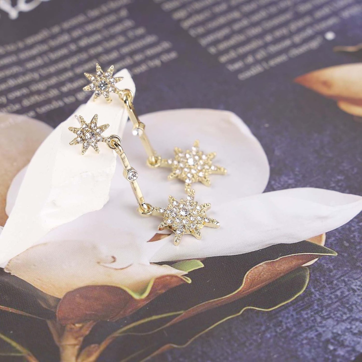 Vintage Crystal Starburst Drop Earrings Long Rhinestone Northstar Earrings Gold Cz Star Dangle Earrings Cz North Star Stud Earrings Jewelry for Women