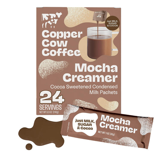 Copper Cow Coffee Sweetened Mocha Milk Creamer Singles (24 pack) | Vietnamese Inspired Coffee Creamer, All Natural Creamer Packets for Pour Overs & Lattes | No Refrigeration Needed