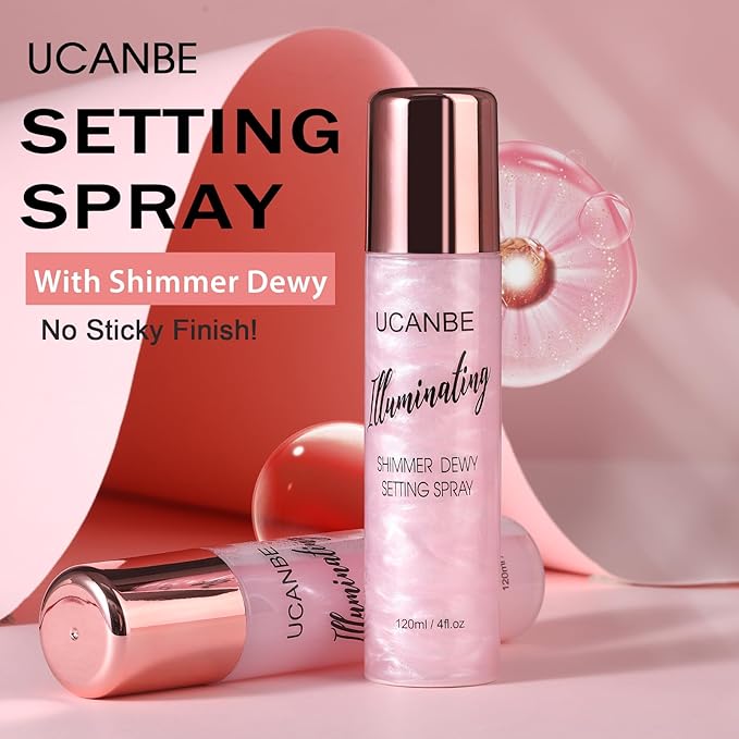 UCANBE Shimmer Dewy Setting Spray – Glowing + Makeup Setting Spray 2 in 1 Lightweight Formula for a Radiant Glow,Long-Lasting Face Mist for Face Body, 4 Fl Oz #Silver