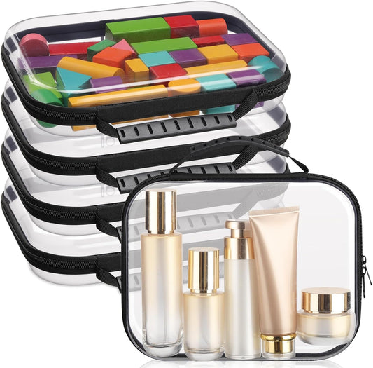 Sanwuta 4 Pcs Clear Hard Zipper Case with Handle Office Storage Cases Hard Plastic Pouches Transparent Bins for Crafts, Pencils, Snacks, Cosmetics, Puzzles(9.8 x 7.9 x 2 Inches,Black)