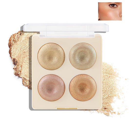 Boobeen 4 Color Highlighter Makeup Palette, Face Baked Powder Cheek Illuminator, Long Lasting Face Sculpting to Brighten Skin and Glowing