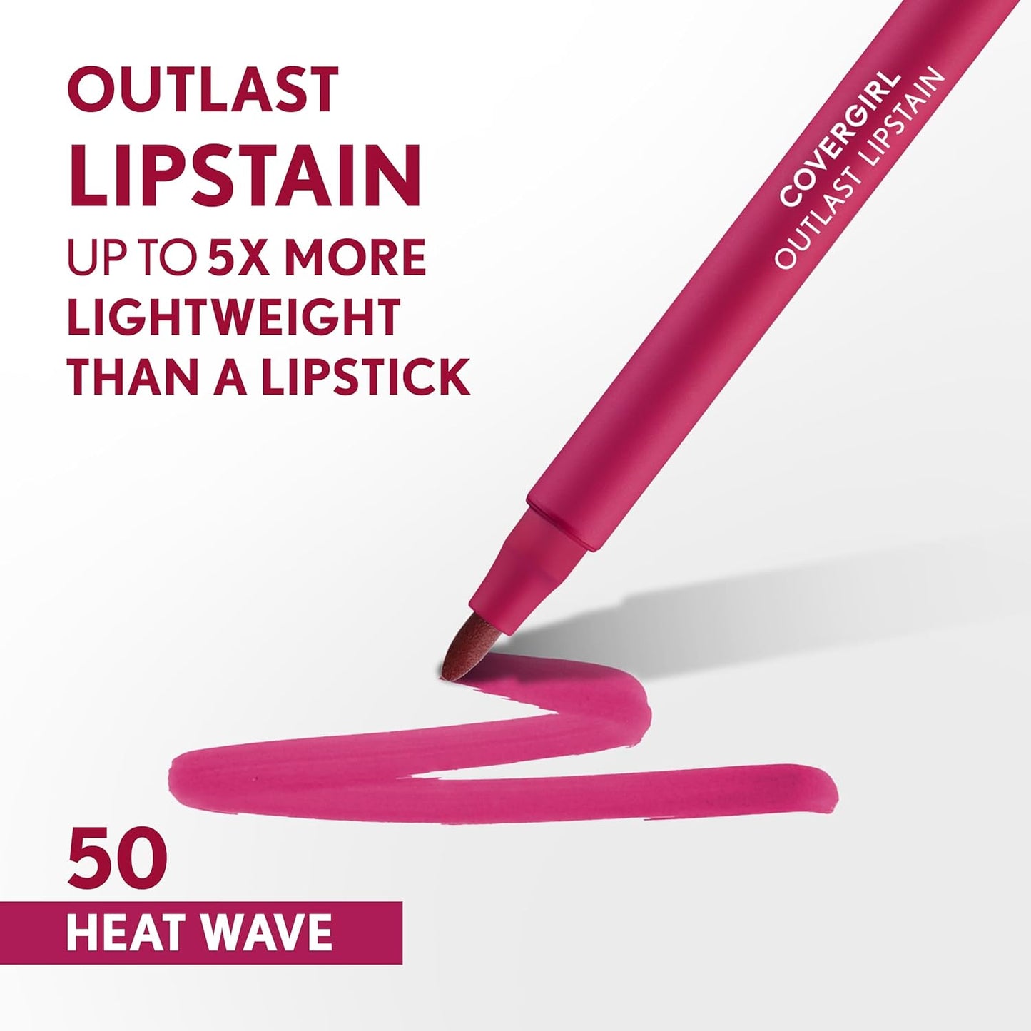 COVERGIRL Outlast, 50 Heat Wave, Lipstain, Smooth Application, Precise Pen-Like Tip, Transfer-Proof, Satin Stained Finish, Vegan Formula, 0.06oz