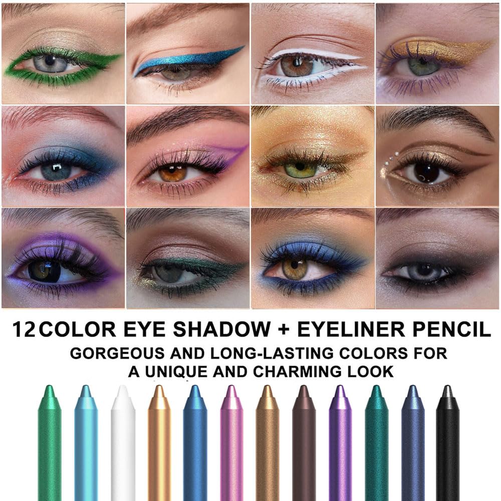12Pcs Colored Gel Glitter Eyeliner Pencils Set Dark Light Emerald Green Sky Royal Blue Black White Pink Purple Brown Gold Eyeliner Pencils Eye Liner Liquid Liner Waterproof Smudge Proof delineadores