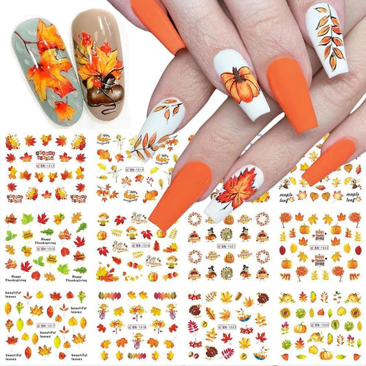 12 Sheets Fall Maple Leaf Nail Art Stickers Autumn Water Transfer Nail Decals Thanksgiving Day Nail Art Supplies Turkey Pumpkin Leaves Scarecrow Nail Design Slider Stickers for Women Nail Decorations