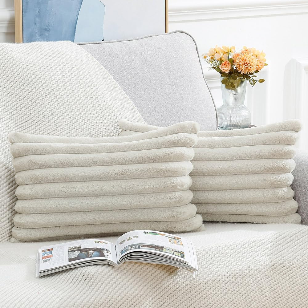 MADIZZ Set of 2 Faux Wool Plush Decorative Throw Pillow Covers 12x20 Inch Greyish White Fluffy Striped Soft Decorative Cushion Cover for Sofa Bedroom Pillow Shell