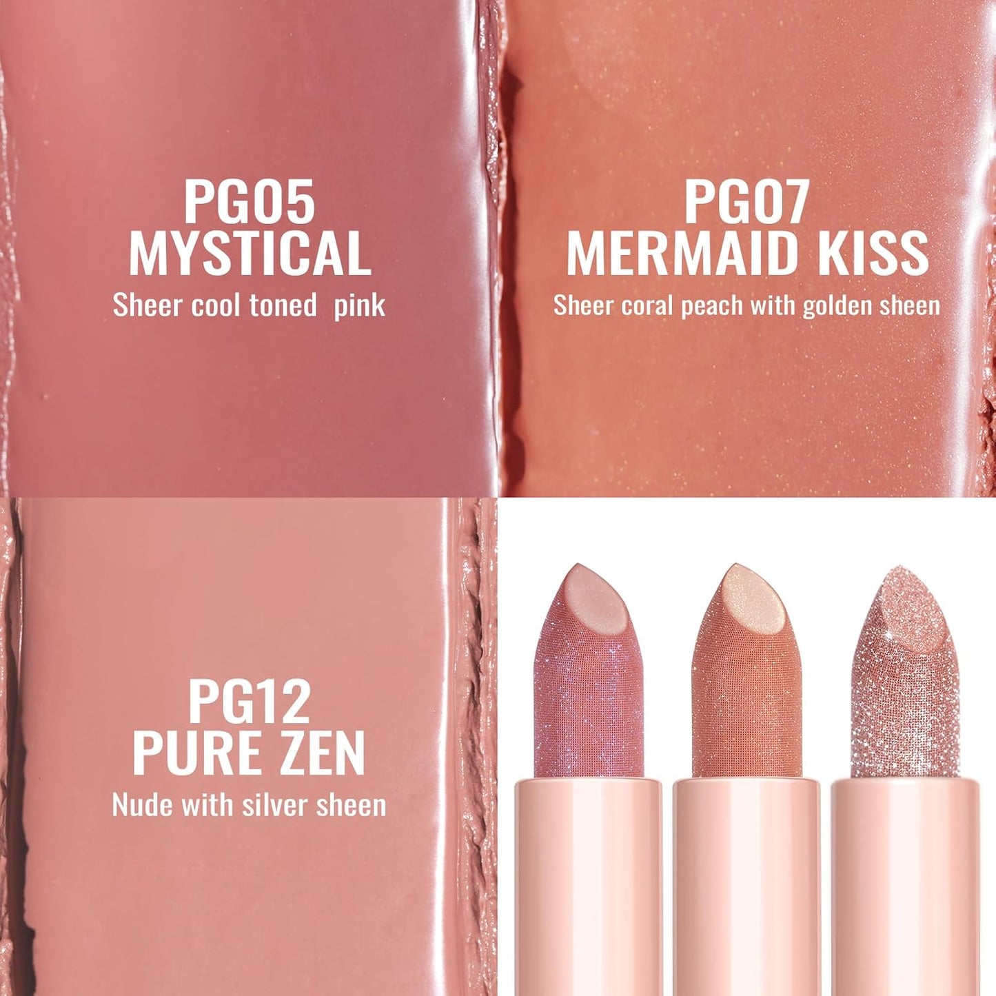 Oulac Moisture Shine Lipstick Set 3PCS - Infinity High Shine Finish, Hydrating Vegan Lipstick Infused with Damask Rose Oil for All-Day Comfort, Gluten-Free, PG05+PG07+PG12