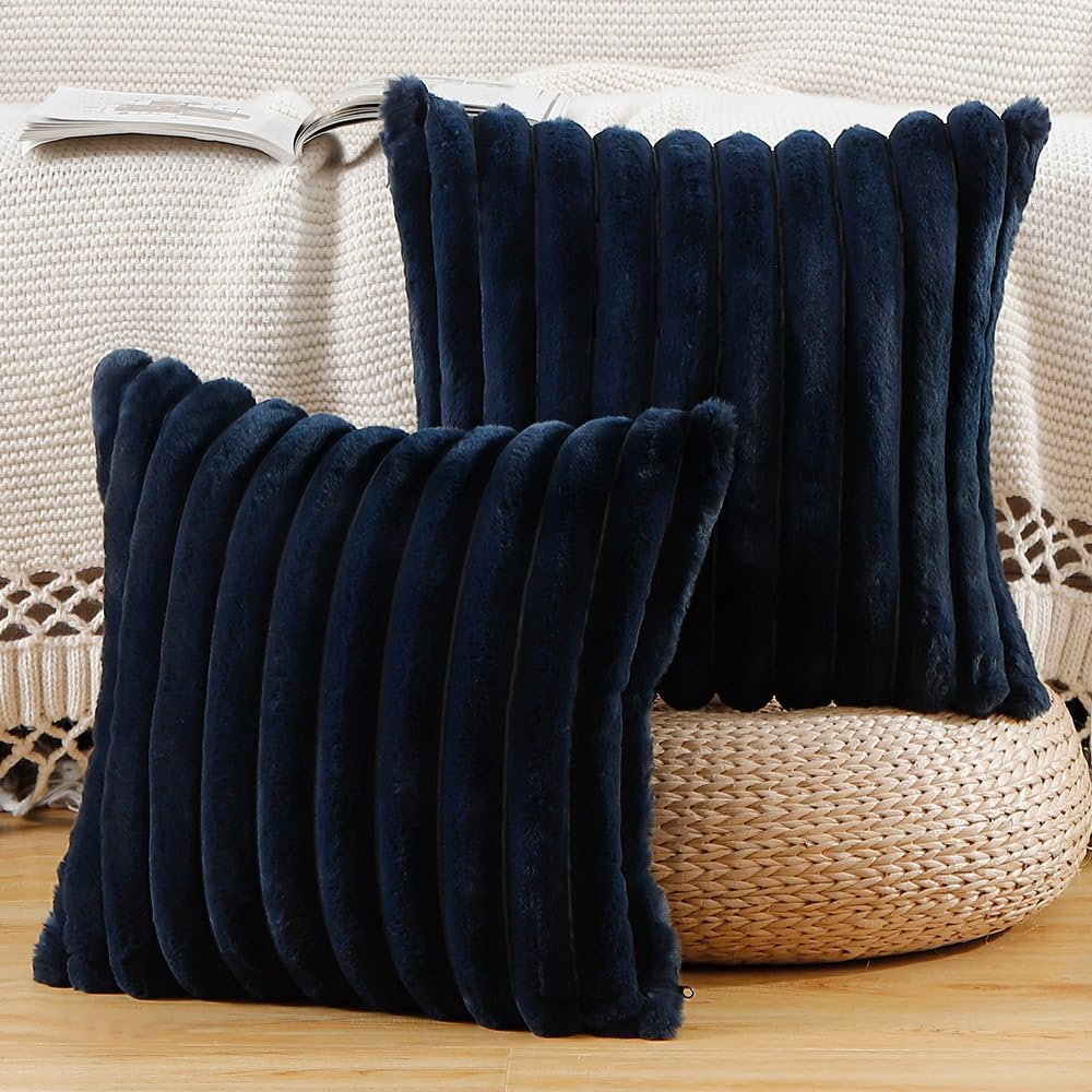 MADIZZ Set of 2 Faux Wool Plush Decorative Throw Pillow Covers 22x22 Inch Dark Blue Fluffy Striped Soft Decorative Cushion Cover for Sofa Bedroom Pillow Shell