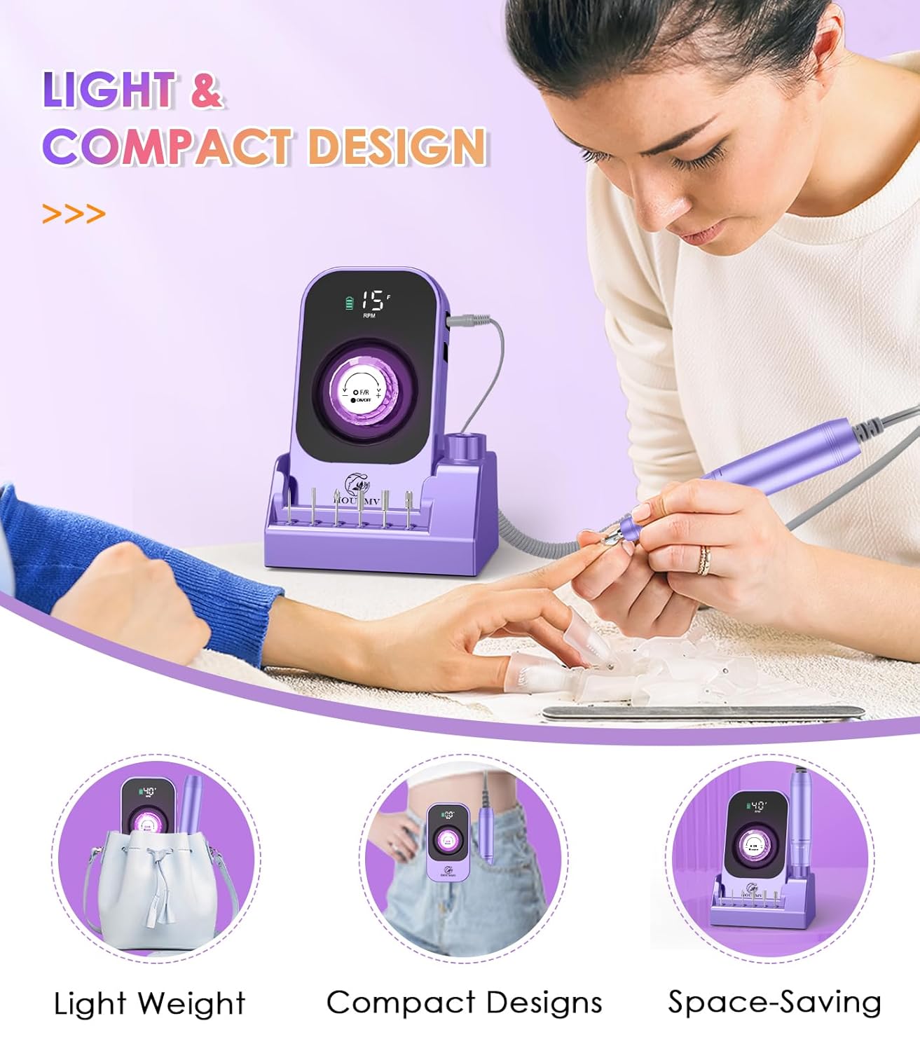 Portable Electric Nail Drill Machine: Professional Nail File Machine 40000RPM, Rechargeable Cordless Nail-E File with Bits & Base for Acrylic Nails Remove Gel Polish Manicure Salon Home, Light Purple