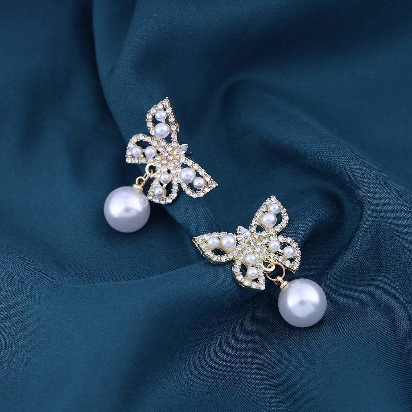 Vintage Crystal Pearl Butterfly Earrings Butterfly Pearl Drop Earrings Gold Rhinestone Butterfly Stud Earrings Cz Cluster Pearl Earrings Jewelry for Women