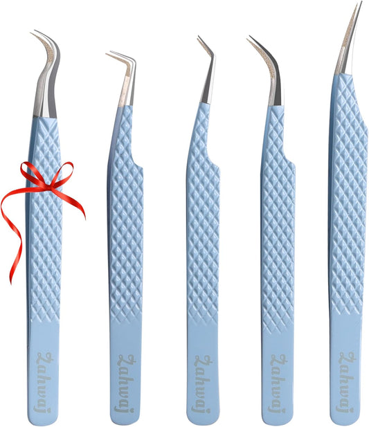 Lash Tweezers - Set of 5 Diamond Grip Eyelash Tweezers - Stainless Steel Professional Fiber Tip Lash Tweezer for Eyelash Extensions (Blue)