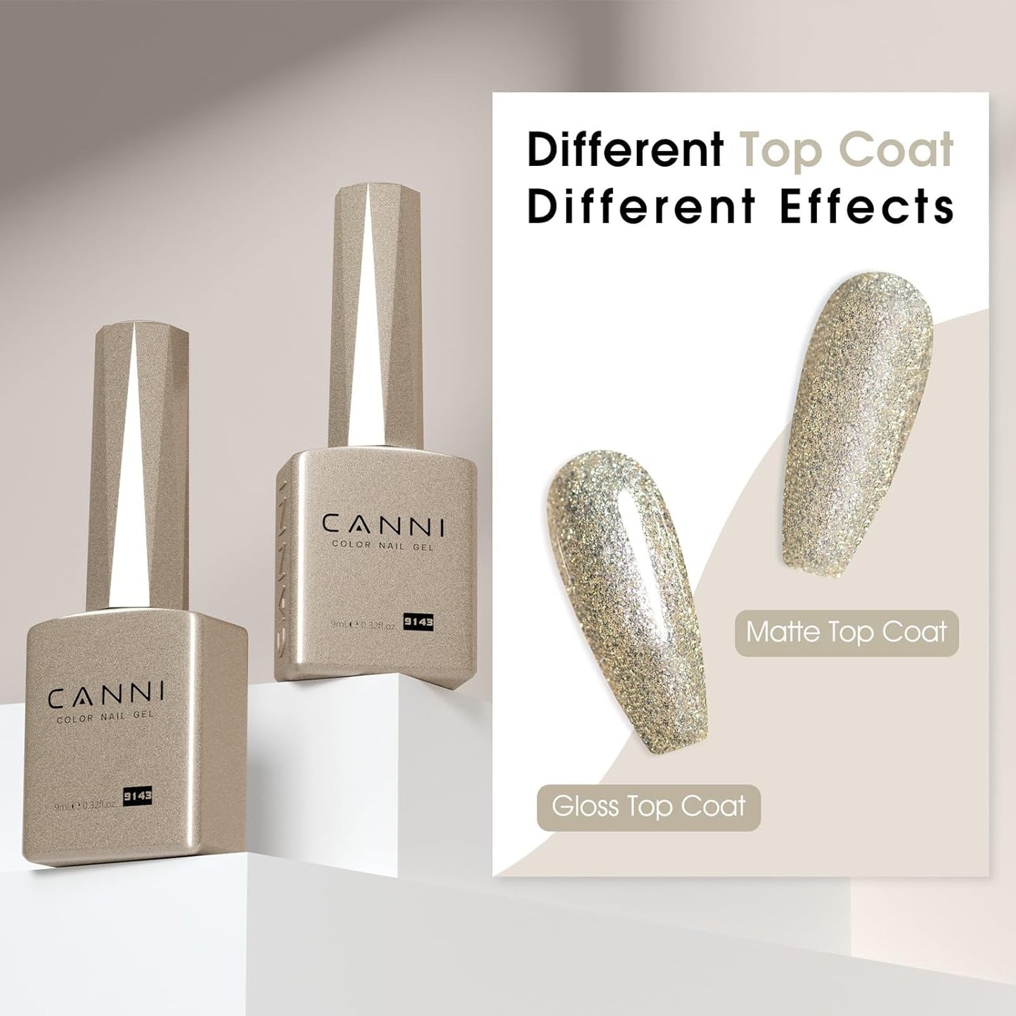 CANNI Champagne Gold Glitter Gel Polish – 9ML Sparkly Soak-Off UV/LED Gel Nail Polish, Shiny Metallic Finish for French Manicure, DIY or Salon Use