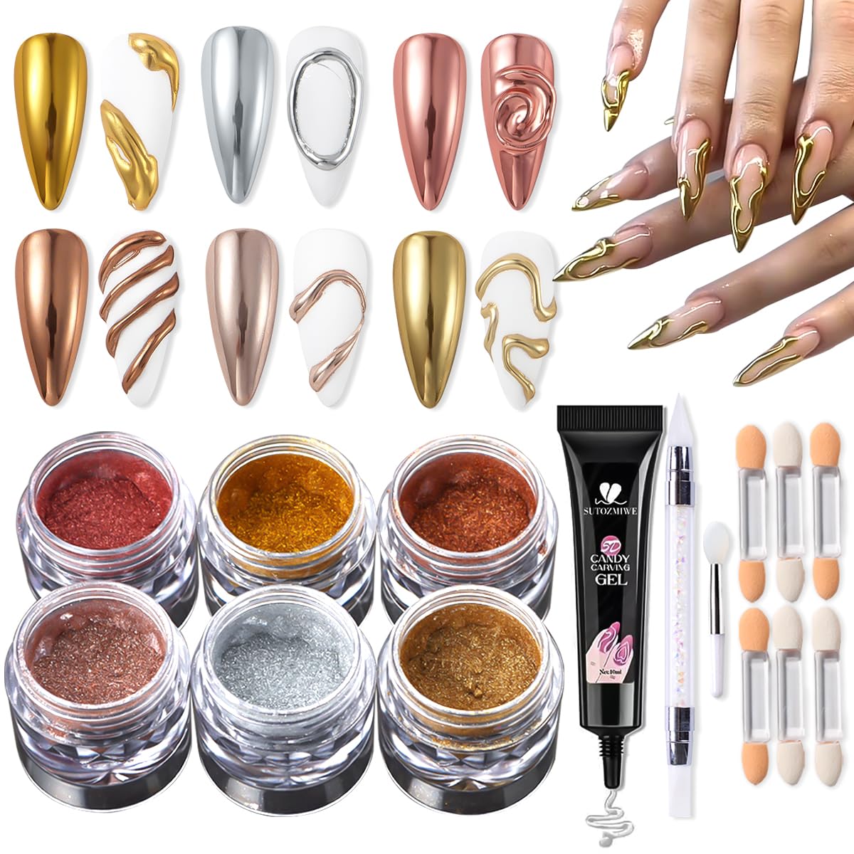 Chrome Nail Powder Metallic Gold And Silver, Magic Mirror Effect Pigment Glitter Rubbing Dust, 3D Carving Nail Molding Gel & Holographic Dip Nail Powder Kit for Nail Decor Home Manicure DIY