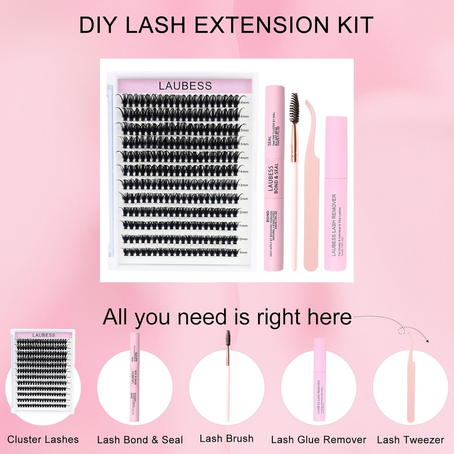 Lash Extension Kit LAUBESS Lash Clusters Kit Cluster Eyelash Extensions Kit Eyelash Clusters Lash Bond and Seal Waterproof Tweezers Brush Lash Glue Remover (Kit 50D-C-Mix9-16)