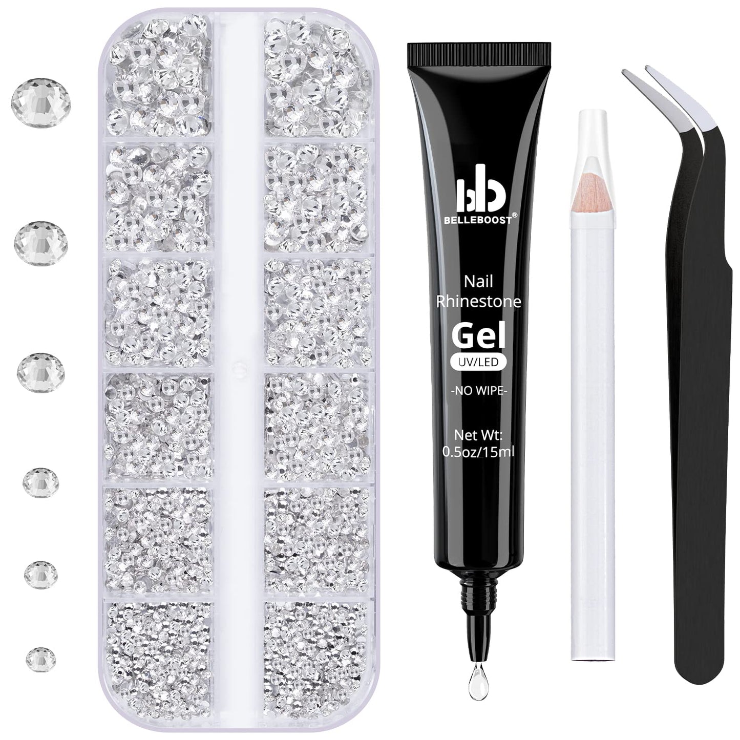 Nail Art Rhinestone Glue Gel&1 Box Flatback Gems Kit, 1 Tube of 15ml Rhinestone Gel Glue(UV/LED Needed)+Round Glass Crystal Clear Gemstones with Pickup Tools